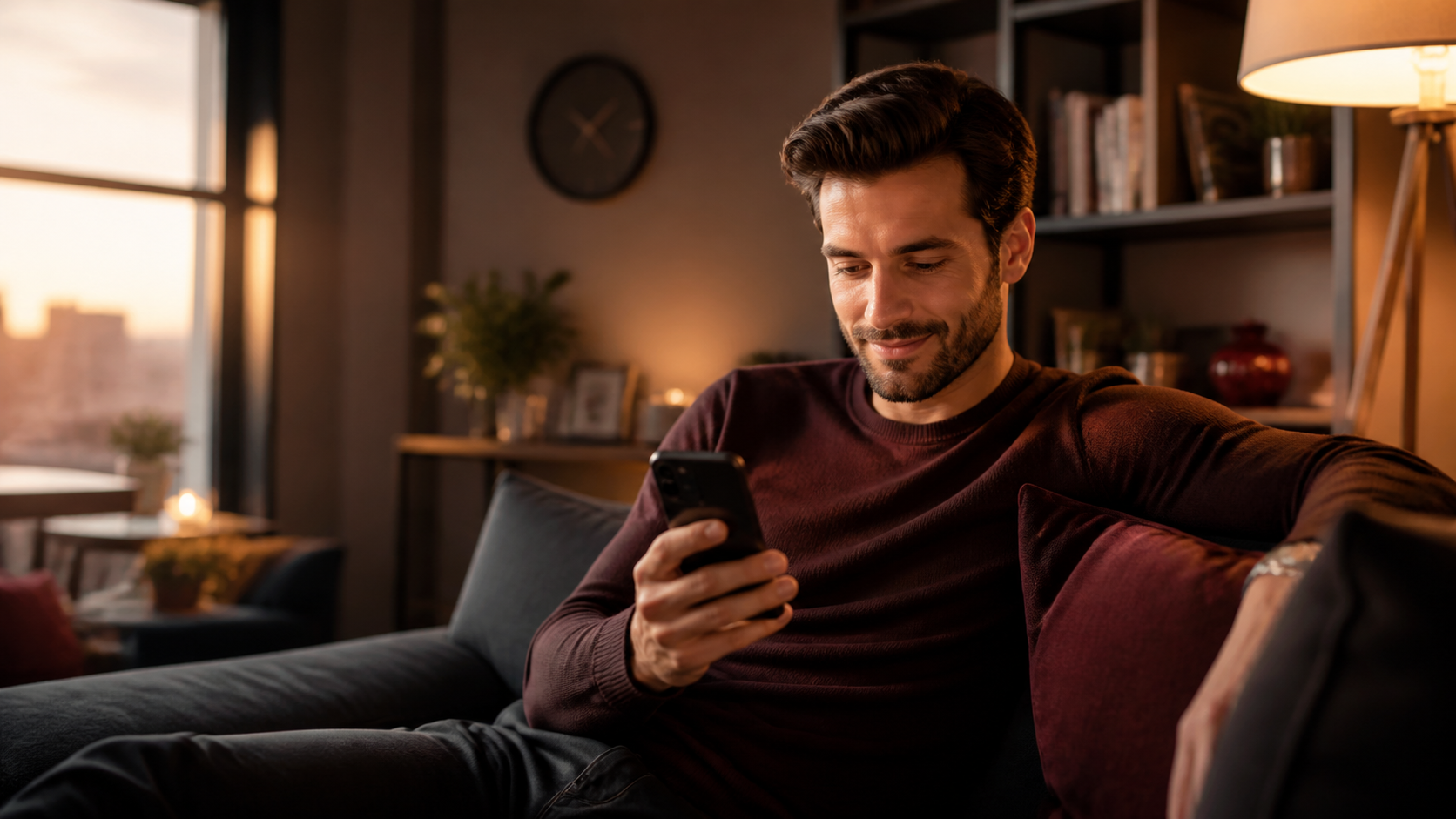 Homme adulte consultant une application de rencontre sur son smartphone en début de soirée