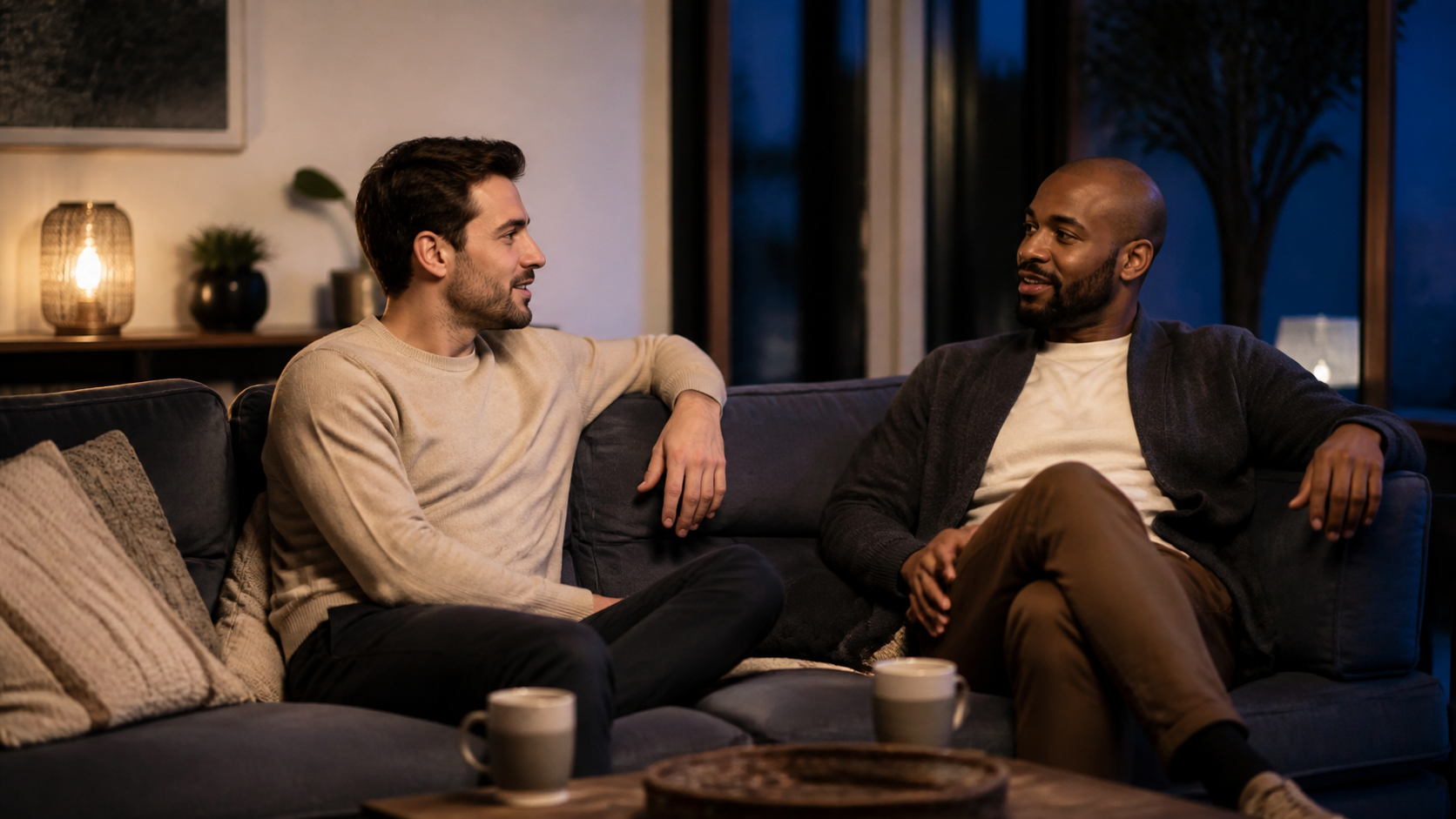 Deux hommes adultes discutent avec complicité dans un appartement contemporain
